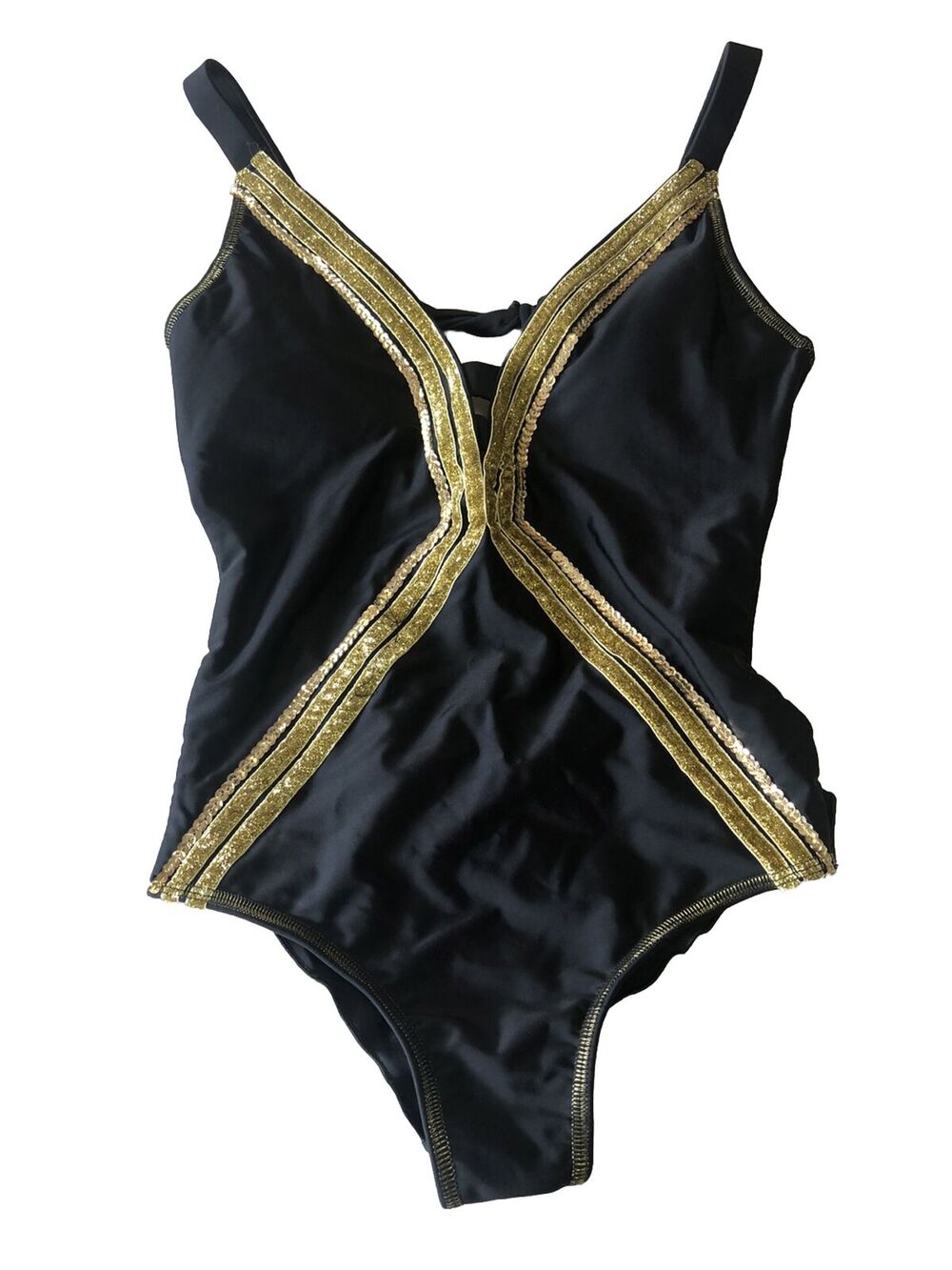 ADG Angel De La Guarda One Piece Plunge Black Gold Sequin Swimsuit Shimmer Sz M - Picture 1 of 6